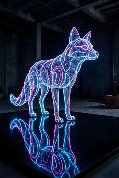 Neon Wireframe Fox Standing on Black Surface in Dark Cyberpunk Style  for vertical mobile phone wallpaper iphone wallpaper