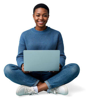 Smiling Young Woman Sitting Cross-Legged with Laptop Computer Isolated on White Background &ndash; Remote Work and Online Learning Concept.