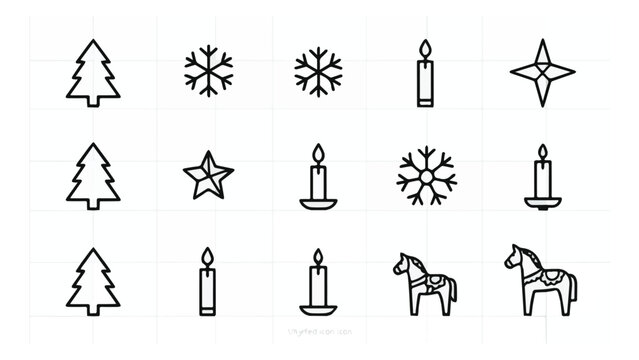 Set of Christmas holiday icons including trees candles snowflakes and stars in simple line art style