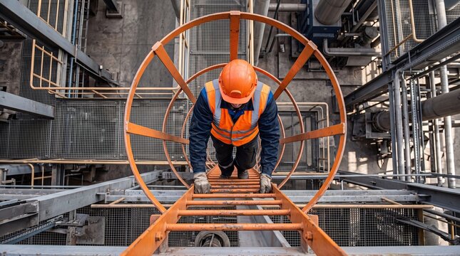 Construction Worker Climbing Safety Ladder in Industrial Environmentv