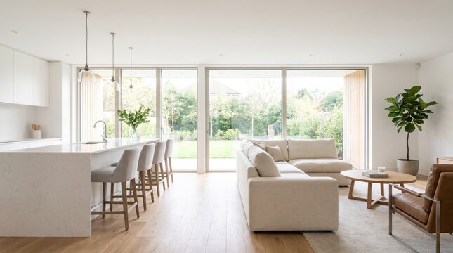 Luxury modern open plan living room and kitchen interior with a large beige sectional sofa, wooden coffee table, kitchen island with bar stools, and massive glass sliding doors overlooking a green bac