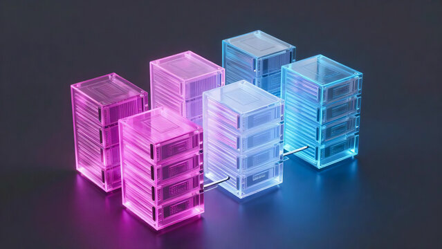 Glass Server Racks in Pink and Blue Neon Glow, 3D Data Center Concept