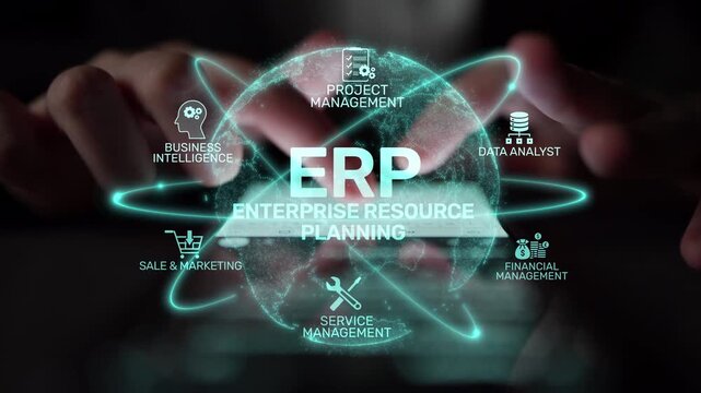 ERP platform visual showing centralized system for enterprise resource planning, improving integration, data flow, business efficiency, finance, inventory, and human resources. Muxer
