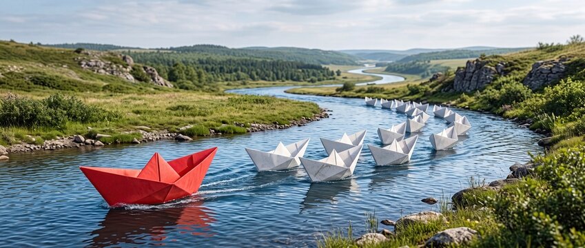 Leadership and Competitive Advantage Concept with Red Paper Boat Leading the Way
