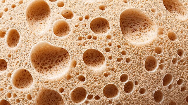 Macro closeup of beige natural sponge porous holes, honeycomb mesh absorbent material texture, soft neutral abstract textured design backdrop