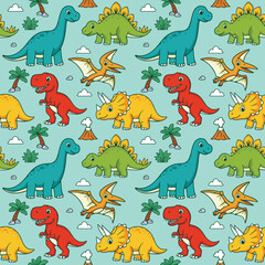 Seamless pattern of Dinosours t-rex brontosaurus triseratops stegosaurus pteranodon illustration for child.eps © likephy234