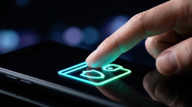 Mobile shopping concept finger touching shopping cart icon on smartphone screen e commerce focus