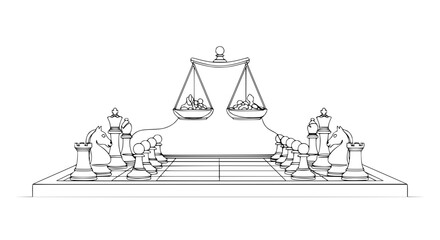 Chessboard with Scales of Justice balancing chess pieces, symbolizing strategic decision-making in law. © chici