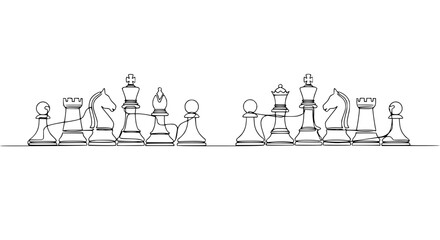Continuous line drawing of chess pieces facing each other on a white background © chici