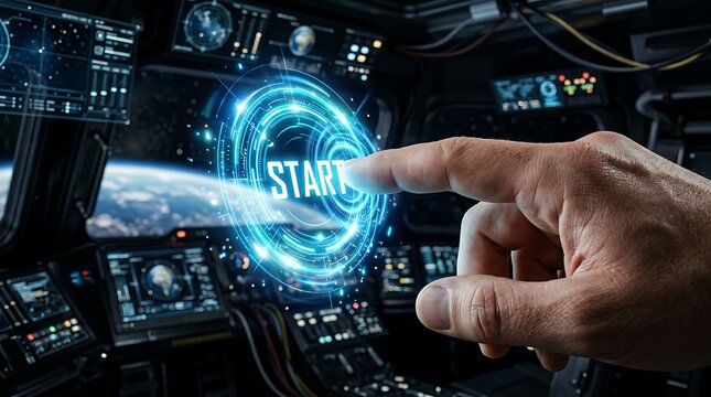 Human finger pressing glowing blue start button inside futuristic spaceship cockpit control panel with earth planet.