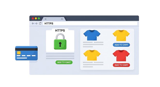 Online shopping website displays secure payment options with various colorful t-shirts for sale on a webpage.