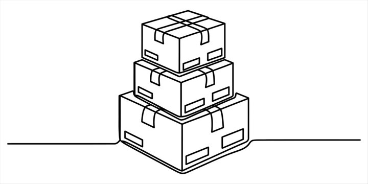 Continuous single line drawing of a stack of three cardboard delivery boxes with tape on top for shipping and logistics concept in black and white