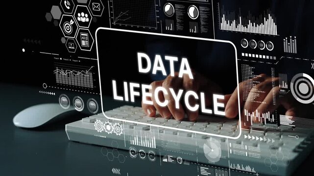 Professional Hands on Keyboard with Data Lifecycle Visualization Graphs and Digital Analytics Displayed. Asymptotic smart data analytic.