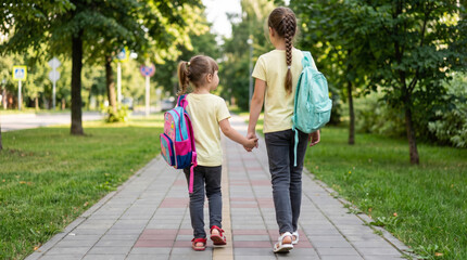 Obraz premium Back to school joy for young sister class walk first day together handhold under tree shade. 1st day school education. happy children student classroom, childhood friendship study learning