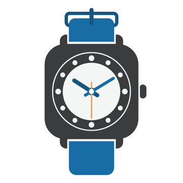 Square faced wristwatch with blue strap and white dial, simple clock face icon