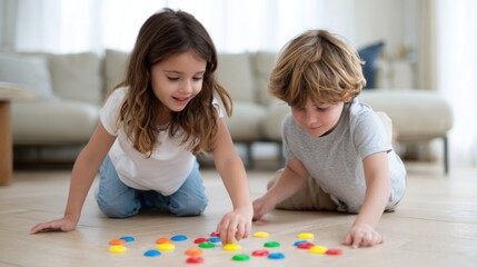Naklejka premium Children playing a colorful game with tokens on the floor at home