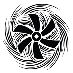 Stylized black and white turbine or propeller icon with swirling blades, abstract energy symbol © Hazel