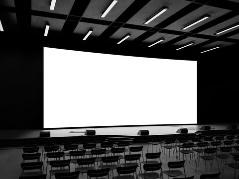 Empty conference room with blank projection screen mockup