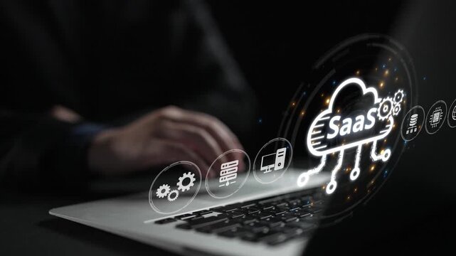 Visual representation of SaaS showing infrastructure, SaaS deployment, SaaS platform features, and SaaS integration model in digital environment. Muxer