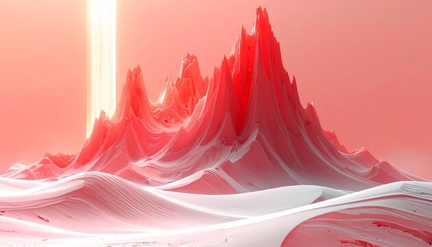 Abstract conceptual 3d digital landscape render displaying a narrow dark rocky mountain canyon gorge filled with vibrant glowing neon red laser lightning energy lines