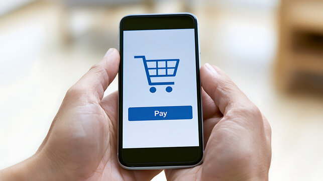 Hands hold phone showing shopping cart and pay button, symbolizing online payment, mobile commerce, and secure transaction technology for modern business