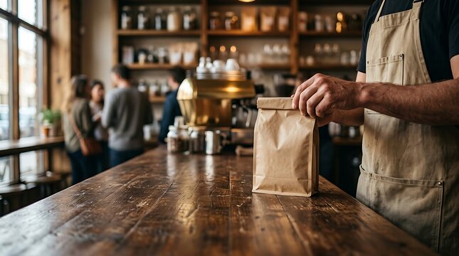 Barista in apron preparing a brown paper bag package of coffee beans on a rustic wooden counter in a cozy cafe