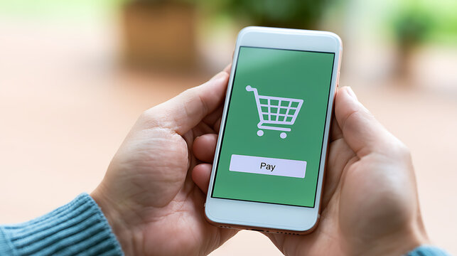 Hands hold a mobile phone displaying an online shopping cart graphic and a payment button on a green screen, symbolizing modern digital commerce