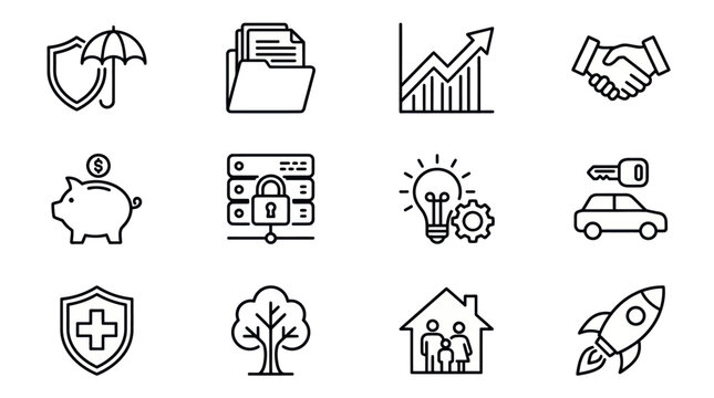 Business and Finance Icons Set: Security, Savings, Growth, Partnership, Data, Ideas, Auto, Health, Home