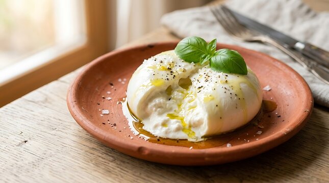 Fresh Italian burrata cheese cut open on a rustic clay plate drizzled with olive oil and topped with fresh basil