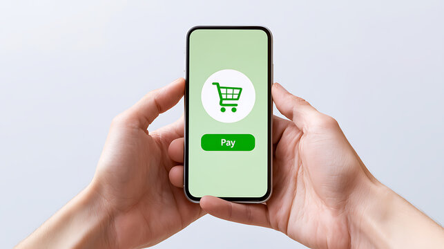 Hands hold smartphone with payment application for online shopping, cart icon and pay button, concept of digital transaction and commerce