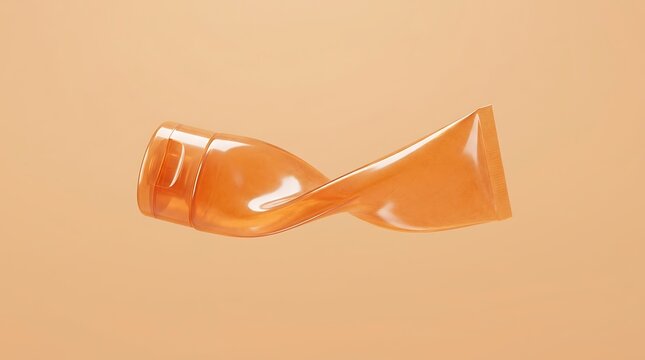 Floating twisted orange plastic cosmetic tube mockup on a minimalist peach background