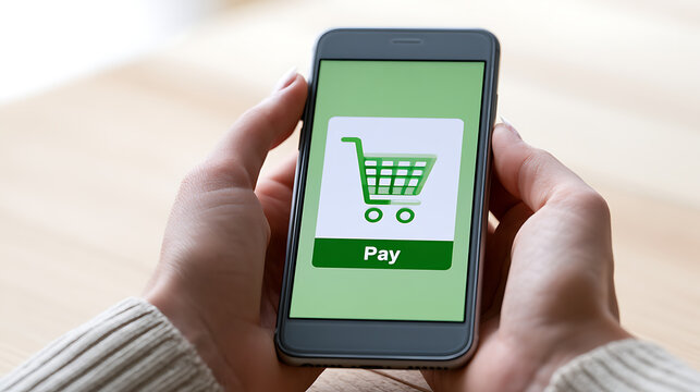 A close-up view of hands holding a modern smartphone displaying a green online shopping cart and pay button, symbolizing digital commerce