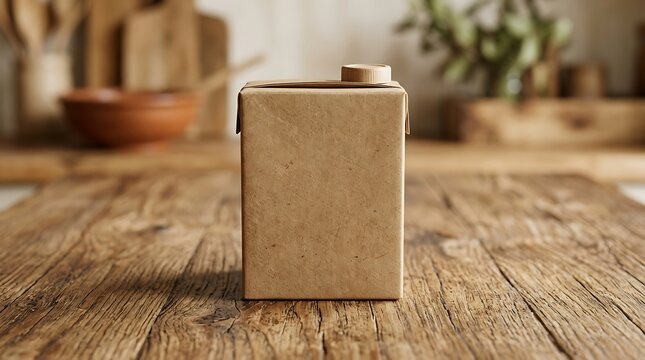 Blank brown kraft paper carton container with cap on rustic wooden kitchen table mockup for beverage milk or juice