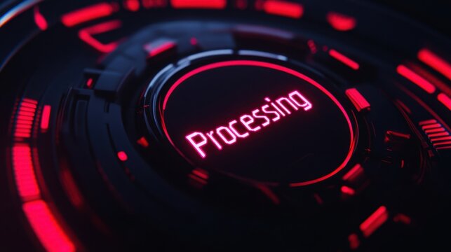 A futuristic digital interface features the word "Processing" in bright neon red, highlighted by glowing circular elements against a dark background.