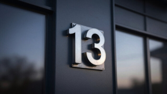 silver metal house number thirteen sign on a building facade