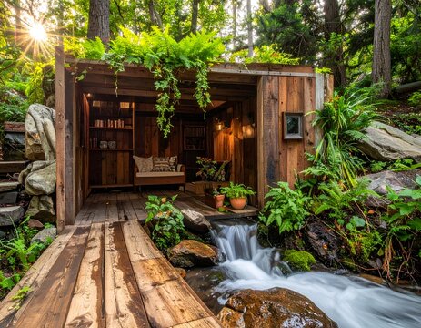 Cozy rustic wooden cabin patio with outdoor seating area next to a beautiful natural small garden waterfall