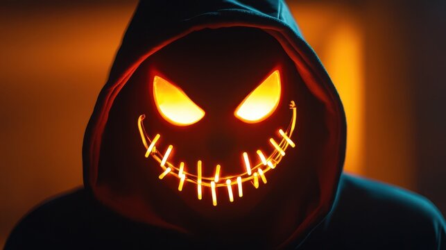 A hooded figure in a dark setting wears a glowing mask with bright eyes and a stitched smile, illuminated by orange light.