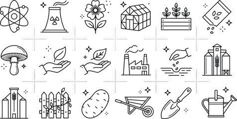 Agriculture and botany line art icon set featuring greenhouse seeds planting garden tools factory and grain silos vector © MD