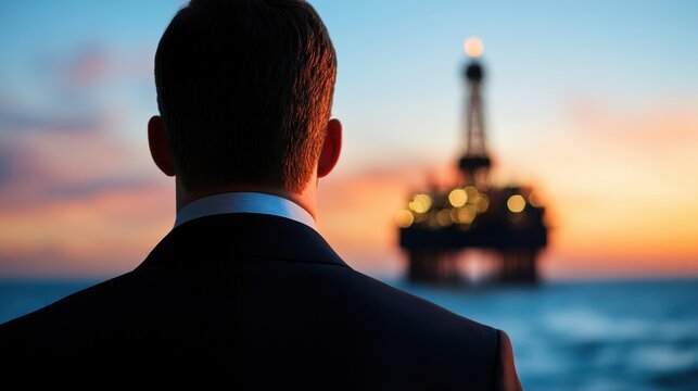 A suited man stands with his back to the camera, gazing at a brightly lit offshore oil rig against a colorful sunset over the ocean.