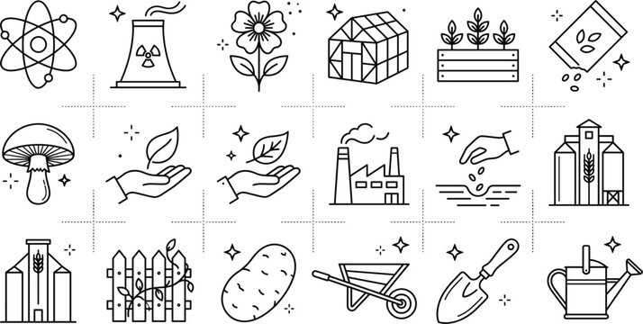Agriculture and botany line art icon set featuring greenhouse seeds planting garden tools factory and grain silos vector