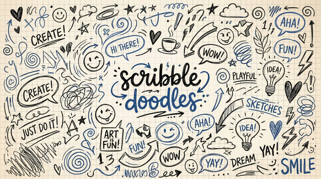 Set of hand-drawn blue ballpoint pen doodles on a grid paper background. Includes stars, arrows, speech bubbles, smiley faces, and text
