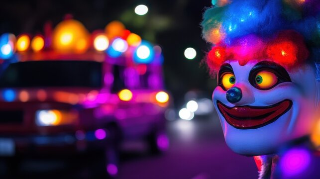 A brightly lit clown mask with glowing eyes and colorful hair stands in sharp focus against a blurred nighttime backdrop of police vehicles with vibrant lights.