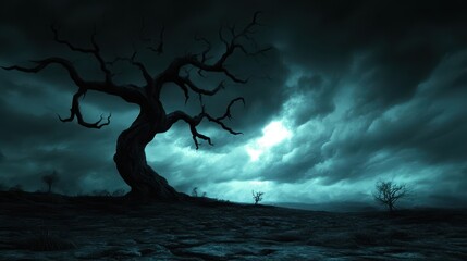 Fototapeta premium A dark, eerie landscape with twisted, leafless trees beneath a stormy sky evokes a haunting atmosphere.