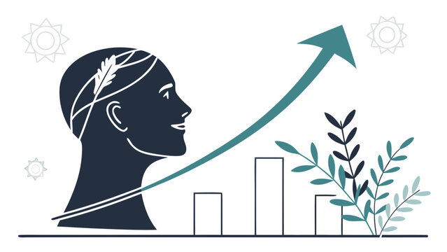 Silhouette of head with arrow pointing upward representing growth and progress on a white background.