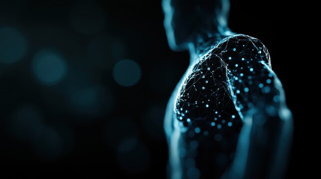 A glowing digital human figure made of interconnected blue dots and lines showcases a network-like structure on its shoulder and upper torso against a dark background.