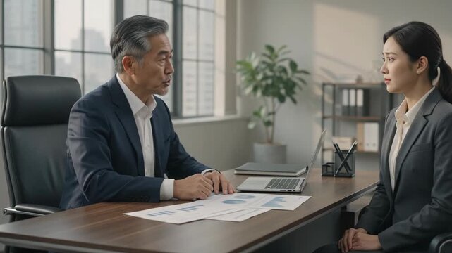 Angry Asian boss reprimanding stressed female employee over financial reports in corporate office