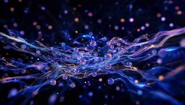 Abstract background, with flowing blue, light waves and, floating translucent spheres, against a dark, space filled with, tiny glowing particles