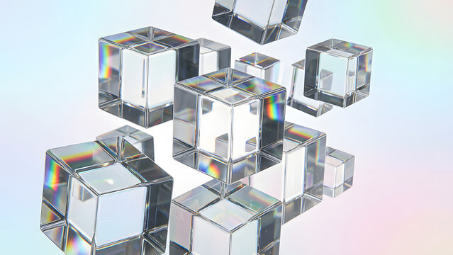 Crystal Cubes Ascending: A mesmerizing display of clear crystal cubes floating and rotating in a gradient light, reflecting subtle rainbow hues and geometric patterns.