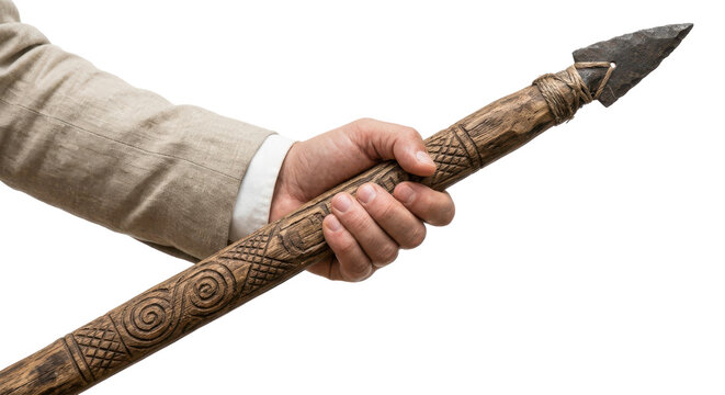 A hand holding a carved wooden spear with a metal tip on a white background