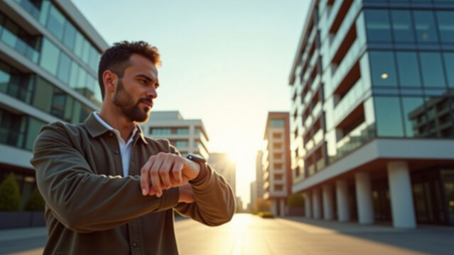 With modern buildings in iteration background ar beautiful modern Man checking watch in urban area